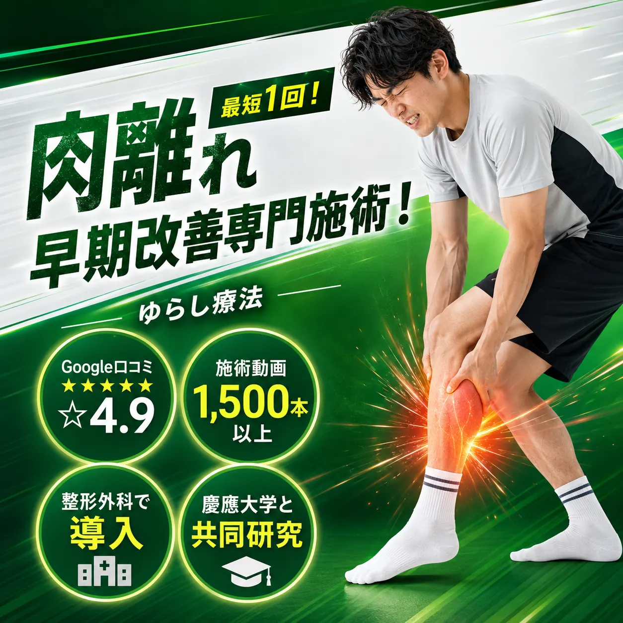 肉離れなら、ゆらし療法。早期改善に特化した専門施術。Google口コミ星4.9、施術動画1,500本以上、整形外科で導入、慶應大学と共同研究。