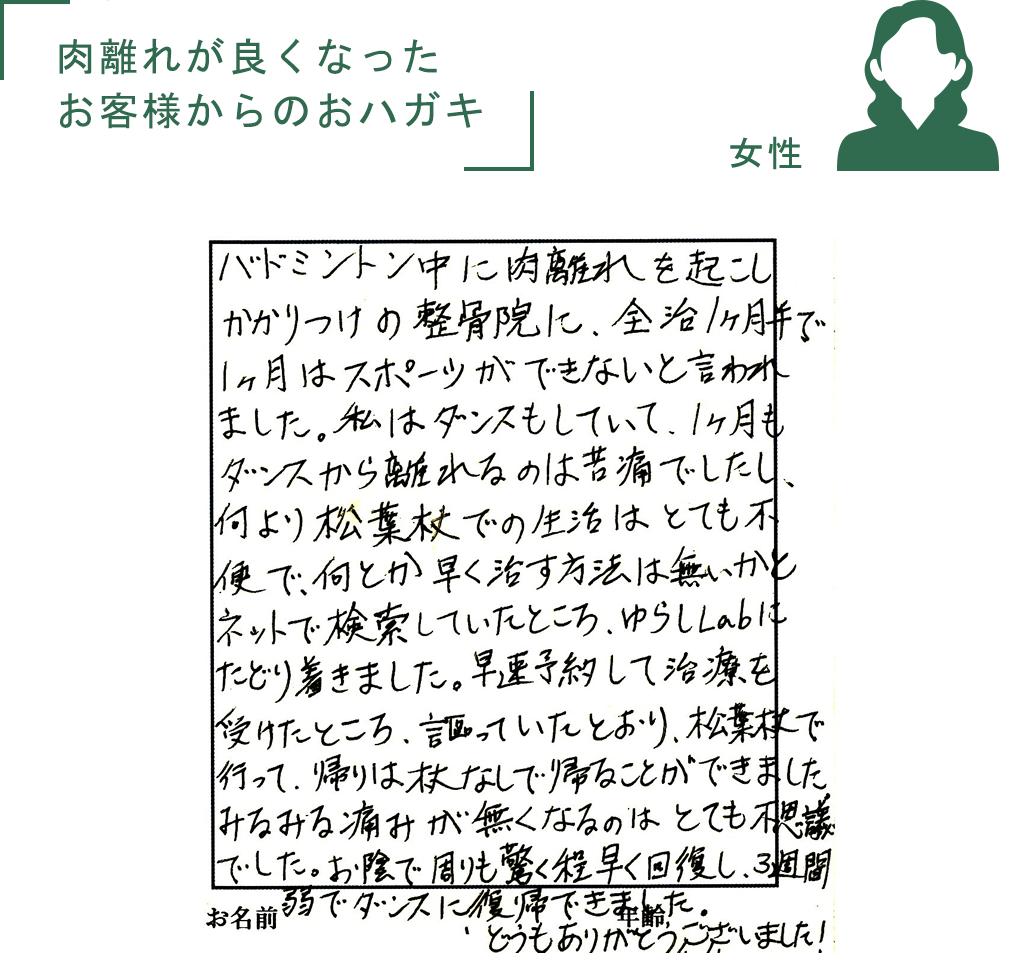 肉離れが良くなったお客様からのおハガキ